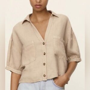 Zara cream 100% Linen semi cropped high low-low button down blouse oversized S